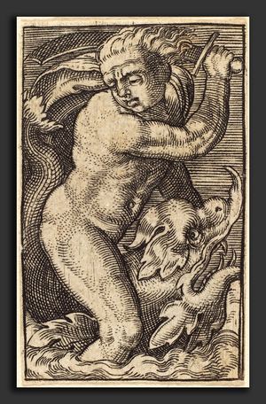 Dieu de la mer chevauchant un dauphin - after Barthel Beham, Copy in reverse of ""Sea-God to the Left Riding on a Dolphin"", engraving