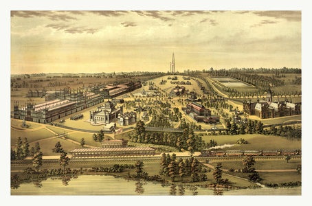 Bird's eye view, Centennial buildings, Fairmont Park, Philadelphia. 1876 by H.J. Toudy & Co., circa 1875 & 1876, US, USA, America ©LisztCollection/Leemage