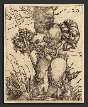 Soldat de l'infanterie apuye sur un arbre - Barthel Beham (German, 1502 - 1540), Foot-Soldier in Front of a Tree, 1520, engraving