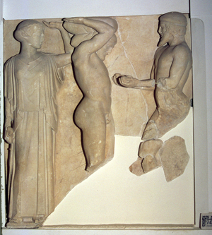Metope X from the Temple of Zeus depicting Hercules Receiving the Golden Apples of the Hesperides from the Hand of Atlas, while Minerva rests a Cushion on his Head (marble)