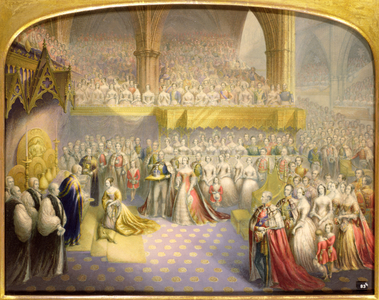 Her Most Gracious Majesty Queen Victoria (1819-1901) receiving the Sacrament at her Coronation, 28th June 1838 (colour litho)