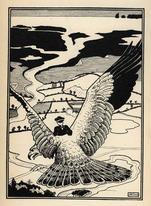 The Baron de Munchausen travels on the back of an eagle leaves Dover in England for France. Illustration by William Strang (1859-1921) and JB Clark from “The Adventures of the Baron of Munchausen (Munchhausen) by Rudolf Erich Raspe (1736-1794) (1789), 1895