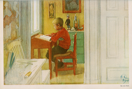 A little boy reading his book in his room. Drawing by Carl Larsson (1853-1919) pulls from “” Das haus in der sonne”” 1921