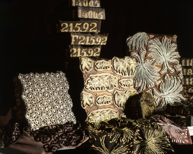 Decoration and motifs for textile printing: still life of English stamps.