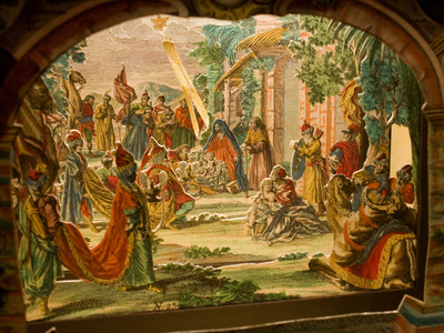 Diorama theatral compose de lithographies produisant des illusions d'optique mettant en scene l'Adoration des Mages realise par Martin Engelbrecht. Debut du 18eme siecle 