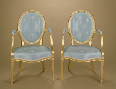 Pair of Adam oval-backed gilt carver chairs, blue upholstered, c.1780
