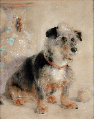 Terrier seated before a Canton Famille Rose Vase, 1868 (pastel and w/c on paper)