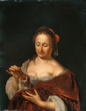 A Lady Seated holding a Small Dog (oil on panel)