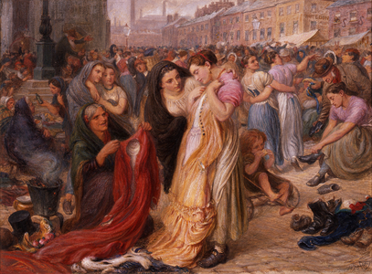 Factory Girls at the Old Clothes Fair, Knott Mill, 1875 (w/c on paper)