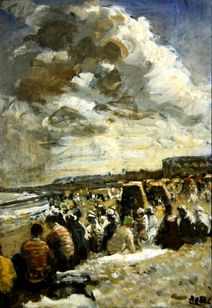Beach, Dieppe on a cloudy day (oil on canvas)