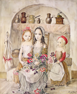 Children at the fireplace, 1952 (oil on canvas)