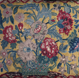 Detail of the cushion of a chair used by one of Elizabeth's maids of honour, in the drawing room, 16th century (embroidery)