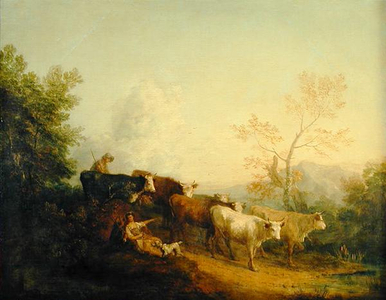 Herdsmen Driving Cattle towards a Post (oil on canvas)