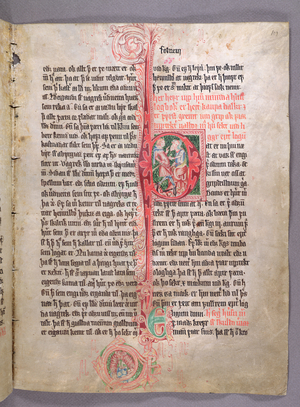 Historiated initial 'P' depicting two tradesmen, from the beginning of the section on trade, from 'Skarosbok' ('The Book of Skard') c.1350 (vellum)