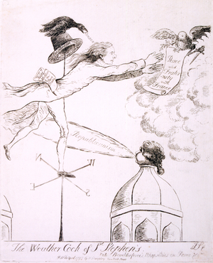 The Weather Cock of St. Stephen's, 1795 (engraving) (b/w photo)