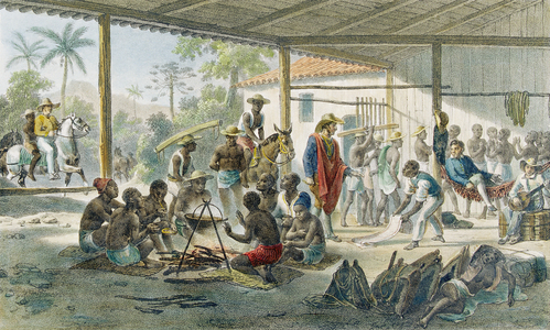 Transport of a Group of black people;, engraved by Deroi, 1827-35 (colour litho)