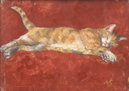 Ginger Cat on Red Ground (oil on canvas)