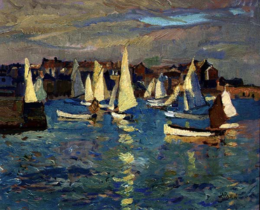 Yachts in the Harbour (oil on panel)