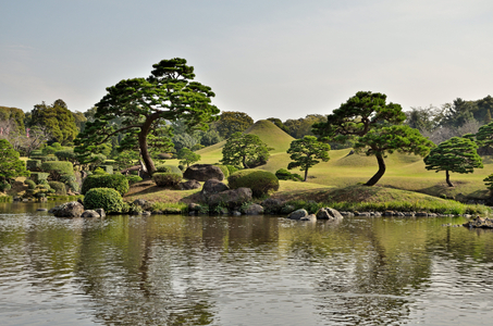 Suizen-ji Joju-en - Kumamoto - Edo period - Shinto temple - Tsukiyama style garden (garden with artificial hill) built by Hosokawa Tadatoshi in 1636 - represents the 53 stations of the Tokaido Road with Mount Fuji - Suizen-ji Joju-en - Kumamoto - Edo period - Shinto shrine - tsukiyama garden style (hill garden) built by Hosokawa Tadatoshi in 1636 - the garden represents the Fifty-Three Stations of the Tokaido Road with Mount Fuji