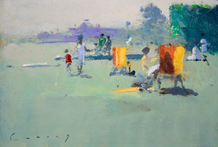 Deckchairs, Lido, Venice (oil on board)