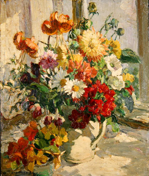 Still Life of Flowers in a White Pitcher (oil on canvas)