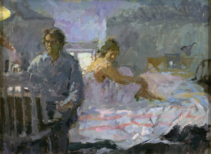 Bedroom Interior with Two Figures (oil on board)
