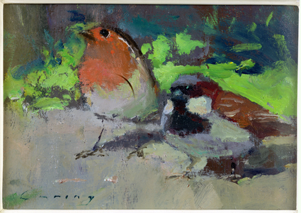 Robin and Sparrow (oil on board)