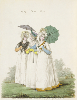 Morning dresses, figs. 107, 108 and 109 from Nikolaus Heideloff's `Gallery of Fashion', Vol. II, August 1796 (print)
