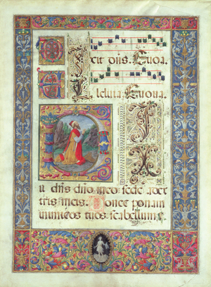 Page from a manuscript with a historiated initial 'D' depicting King David, c.1480 (vellum)