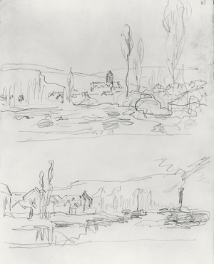 Two Sketches: Vetheuil from L'Ile St-Martin and Tugboat on the Seine before Lavacourt, before 1886 (pencil on paper)
