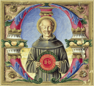 Historiated initial 'M' depicting St. Bernardino of Siena, 15th century (vellum)