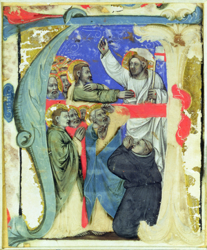 Historiated initial 'A' depicting The Incredulity of St. Thomas, c.1370 (vellum)