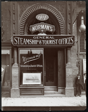 Entrance to Norman's Steamship and Tourist Offices at 1404 Broadway near 39th Street, New York, 1890-1910 (silver gelatin print)