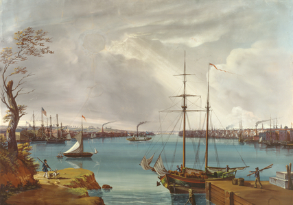 View of New York, Brooklyn and the Navy Yard taken from the Heights near Willamsburg, c.1835-45 (gouache, w/c on paper)