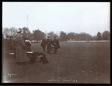 View of a military inspection at West Point upon the visit of Prince Louis of Battenberg, 1905 (silver gelatin print)