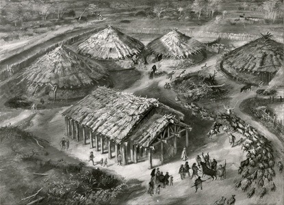 Reconstruction of an Iron Age temple and farm at Heathrow in c.500-300 BC (w/c on paper) (b/w photo)