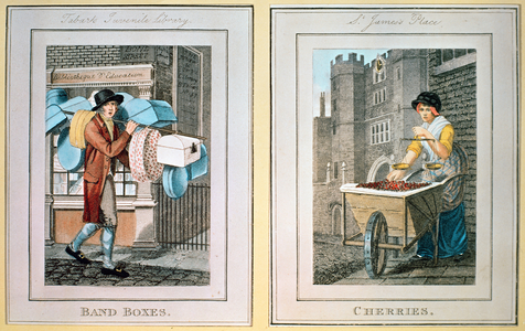'Band Boxes' and 'Cherries' from The Cries of London, pub. by R. Phillips, 1798 (coloured engraving)
