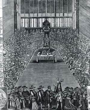 Parliament Assembled at Westminster on 13th April 1640 (engraving) (b/w photo)