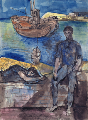 Two Fishermen, c.1950 (w/c, pen & ink on paper)