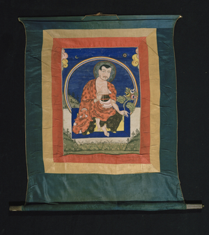 Thangka painting despicting Arhat in monk's robes holding 'mala' prayer beads in his right hand and the stem of a plant with leaves and three flowers in his left hand, 1700-1825