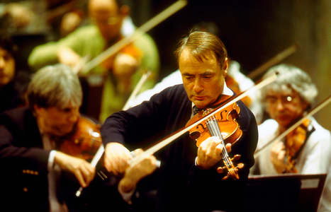 Gerard Poulet - portrait of the French violinist performing with the Ensemble Orchestral de Paris at the Theatre des Champs Elysees, Paris, France, November 2000. b. 12 August 1938