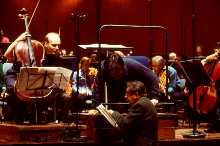 Truls Mork with cello and Henri Duilleux and Alan Gilbert at rehearsal with l'Orchestre de Paris, at Salle Pleyel 1996.