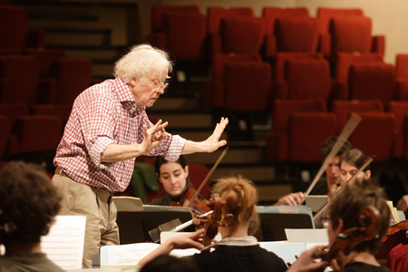 Gilbert Amy - portrait of the French conductor and composer conducting the 'Orchestre du Conservatoire de Boulogne' during a rehearsal in Boulogne - Billancourt, Paris, France, April 2007