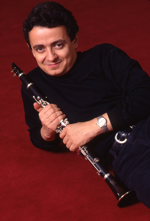 Pascal Moragues - portrait of the French clarinet musician holding a clarinet, April 1998. b. 1963