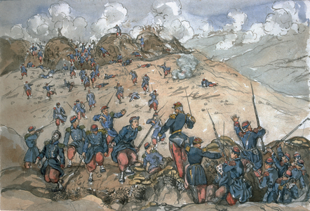Attack of the Bastion Central by the French troops under General Desalles during the Siege of Sebastopol, from an album of paintings and sketches known as 'Cadogan's Crimea', 1854-56 (w/c on paper)