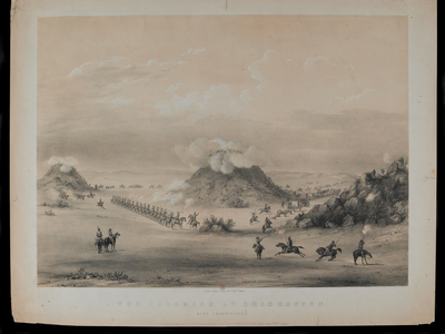 The Skirmish at Driekoppen, near Zwaartkopjes, 1845, engraved by Paul Gauci (1834-66), published in c.1845 (colour litho)