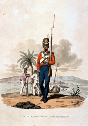 A Private of the 5th West India Regiment, from 'Costumes of the Army of the British Empire, according to the last regulations 1812', engraved by J.C. Stadler, published by Colnaghi & Co. 1812-15 (coloured aquatint)