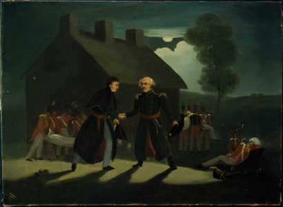 The meeting of Wellington (1769-1852) and Blucher (1742-1819) at La Belle Alliance after the Battle of Waterloo, c.1820 (oil on canvas)