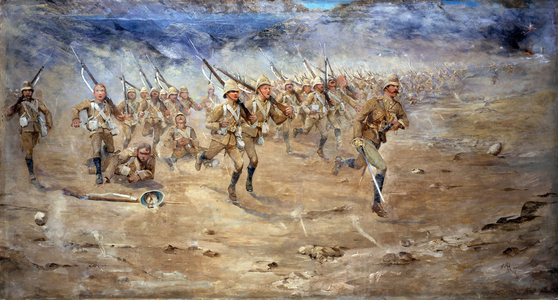 Return of the Fore and Aft, Gloucestershire Regiment advancing to the attack, India North West Frontier, 1897 (oil on canvas)