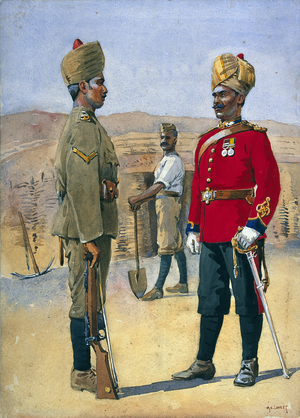 Soldiers of the 3rd Sappers and Miners Lance, Naik, Brahman of Oudh. Jemadah, Dekhani Mahratti, illustration for 'Armies of India' by Major G.F. MacMunn, published in 1911, 1908 (w/c on paper)99:male; Indian; soldier; sepoy; turban; military uniform; costume; full length; portrait; distinguished; British Empire; Imperial history; standing; regiment; spade; worker; gun; rifle; sword; Indian army; British Raj; Asian;